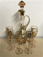 Pink and Gold Decanter with 6 glasses