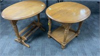 2 oval end tables, one has flat lower shelf, the