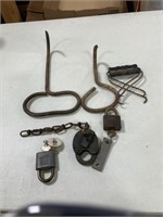 Hay hooks, locks with keys, ice tongs