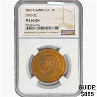 1860 10C Cambodia NGC MS63 BN Bronze