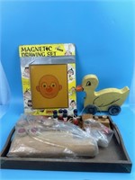 Tray With Wooden Vintage Toys & Magnetic Set