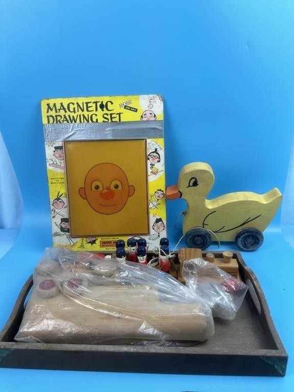 Tray With Wooden Vintage Toys & Magnetic Set