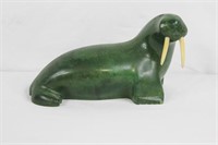 Signed Green Soapstone Carved Walrus