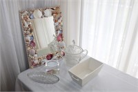 ASSORTED GLASSWARE & SHELL MIRROR