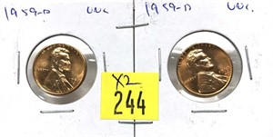 x2- 1959-D Lincoln cents, Unc. -x2 cents-Sold by