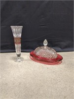 Carnival Glass Diamond Point Butter Dish Ruby Red