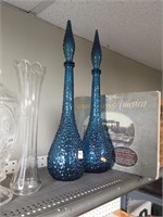 2 large blue decanters