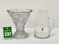 Pressed Glass Vase & Cut Glass Pitcher