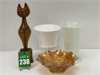 Milk Glass Vases, Wooden Cat Statue & Imperial