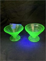 2 GREEN URANIUM GLASS PATTERNED SHERBETS