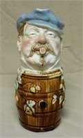 Belgian Majolica Man in a Barrel Figural Pitcher