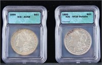 Two Morgan Silver Dollars 1885 VF 35 1898 AU 58