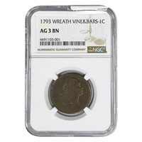1793 Flowing Hair Large Cent NGC AG3 BN Wreath