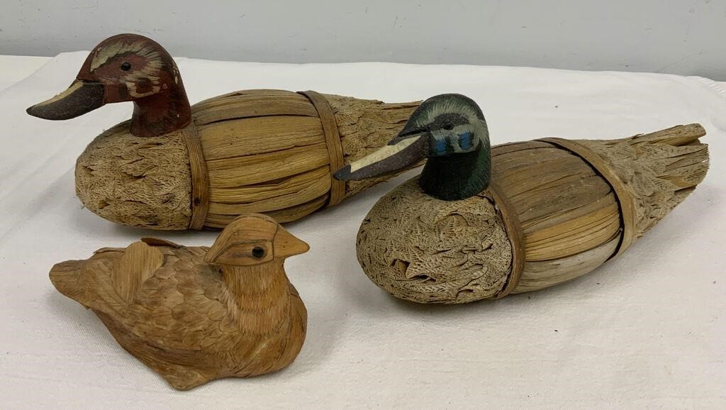 Carved Wood and Straw Corn Husk Ducks