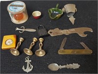 Miniatures, candle sticks, cup, spoon, lock