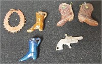 Pendants or charms, cowboy boots, gun - cap pistol