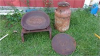 Vintage Tractor Seat, Milk Can, and Disc