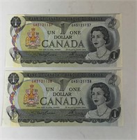 2 CONSECUTIVE  CANADIAN ONE DOLLAR BILLS