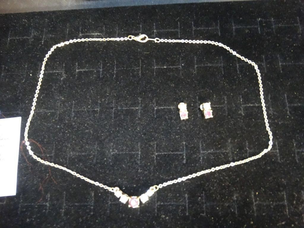 Signed Garnet Rhinestone Necklace & Earrings Set