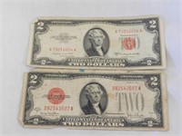 Two $2 Federal Reserve notes, 1928G-1953B