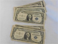 Eleven $1 silver certificates: five 1935 E- three
