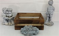 3 pc Resin garden statuary and wood box