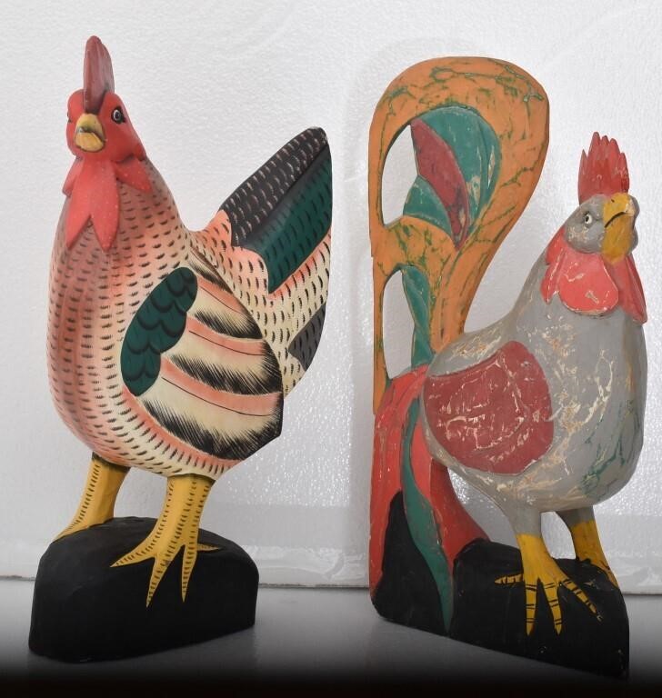 Pair of Colorful Carved Wood Chickens