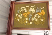Framed Handmade Crewel Floral Stitchery (26"W x