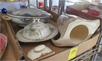 TRAY OF COVERED DISHES, PITCHER, OXFORD, MISC