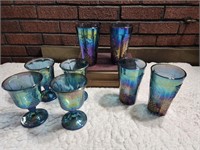 Blue carnival glass, 2 sets of 4