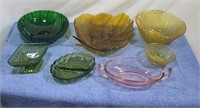 Colored glass serving dishes.