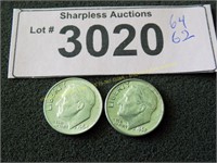 Uncirculated 1962 and 1964 Roosevelt silver dimes