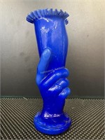 Colbalt overlay glass hand vase