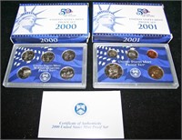 2000-S, 2001-S Mint Proof Sets - 1 w/ Papers