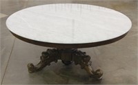 Hand Carved Walnut White Marble Top Table