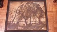 Large framed print of cows by woodland stream,