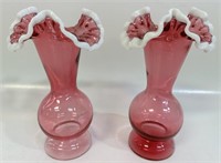 NICE PAIR OF CRANBERRY GLASS RUFFLED VASES W TRIM