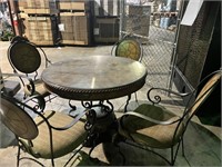 WOOD TABLE WITH GLASS TOP & WROUGHT IRON CHAIRS (L
