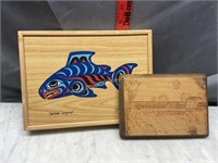 Salmon box and carved covered bridge