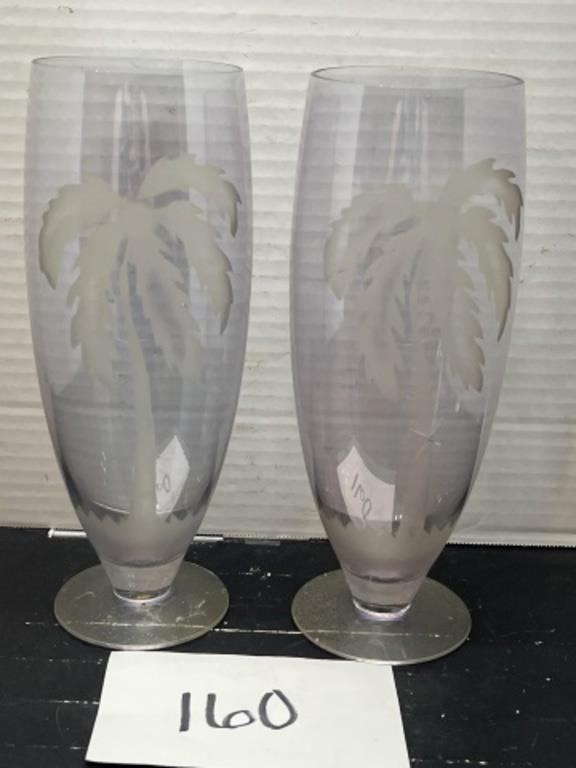 (2) decorative vases w/ etched palm trees