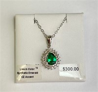 18" Sterling Synthetic Emerald/CZ Necklace 3 Grams