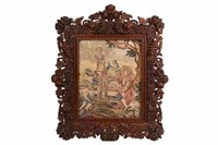 BEAUTIFULLY CARVED WOODEN FRAME WITH TAPESTRY