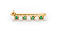 14K Yellow Gold Cultured Pearl Emerald Pin