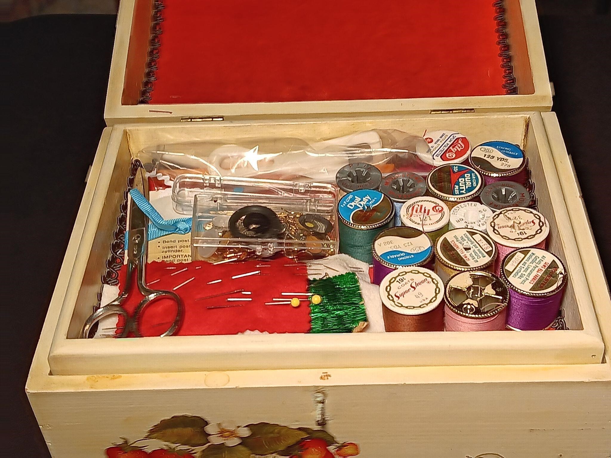 Hand Crafted Wooden Sewing Box. Loaded.