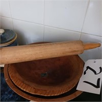 3 WOODEN BOWLS, ROLLING PIN