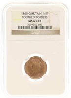 1860 G. BRITAIN 1/4P TOOTHED BORDERS COIN NGC MS 6