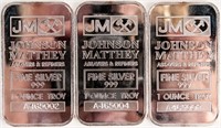 Coin 3 JM Silver 1 Ounce Bars  3 Troy Ounces