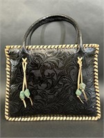 Barse Black Leather Emboss Turquoise Stone Bag