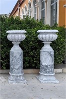 Pair Bluestone Marble Urns on Pedestal