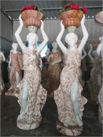 Pair Marble Ladies holding planters